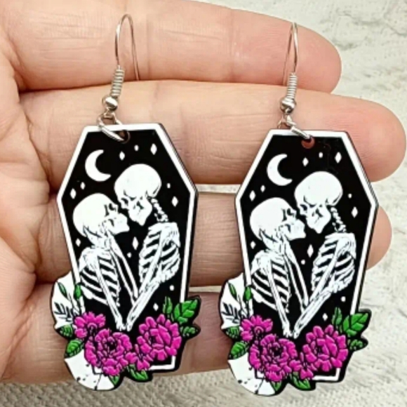 Hot Topic Skeleton Coffin Earrings - Black, White, Pink, Green - Picture 1 of 2